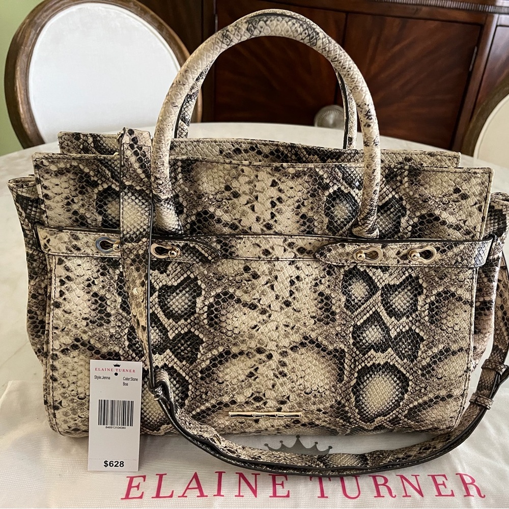Elaine Turner Beige Leather Snake Print Satchel - Picture 3 of 4